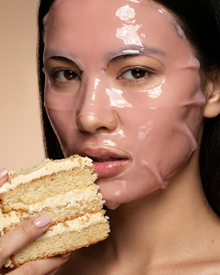Person with a pink face mask eating a piece of cake against a beige background